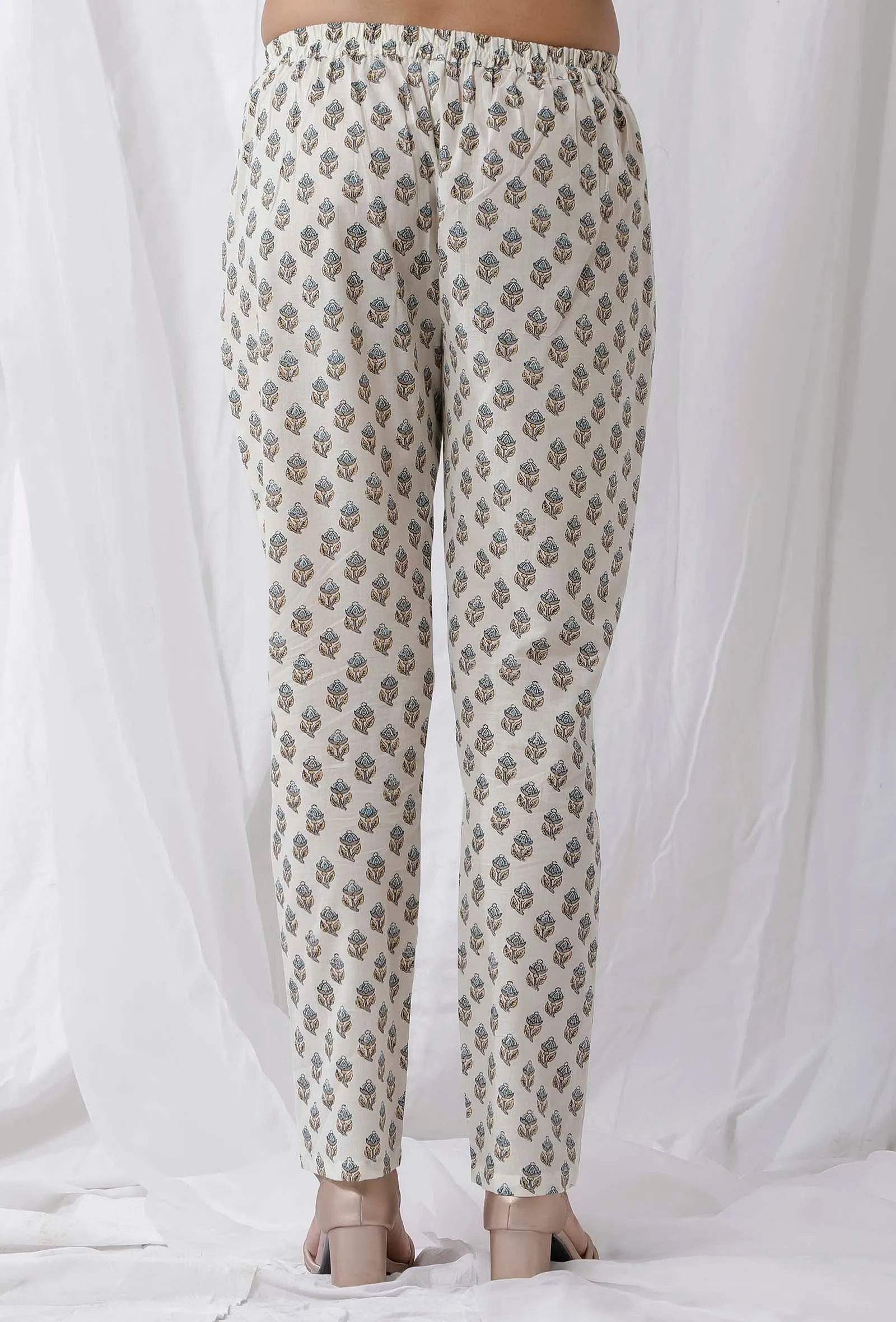 White Cotton Handblock Floral Pants