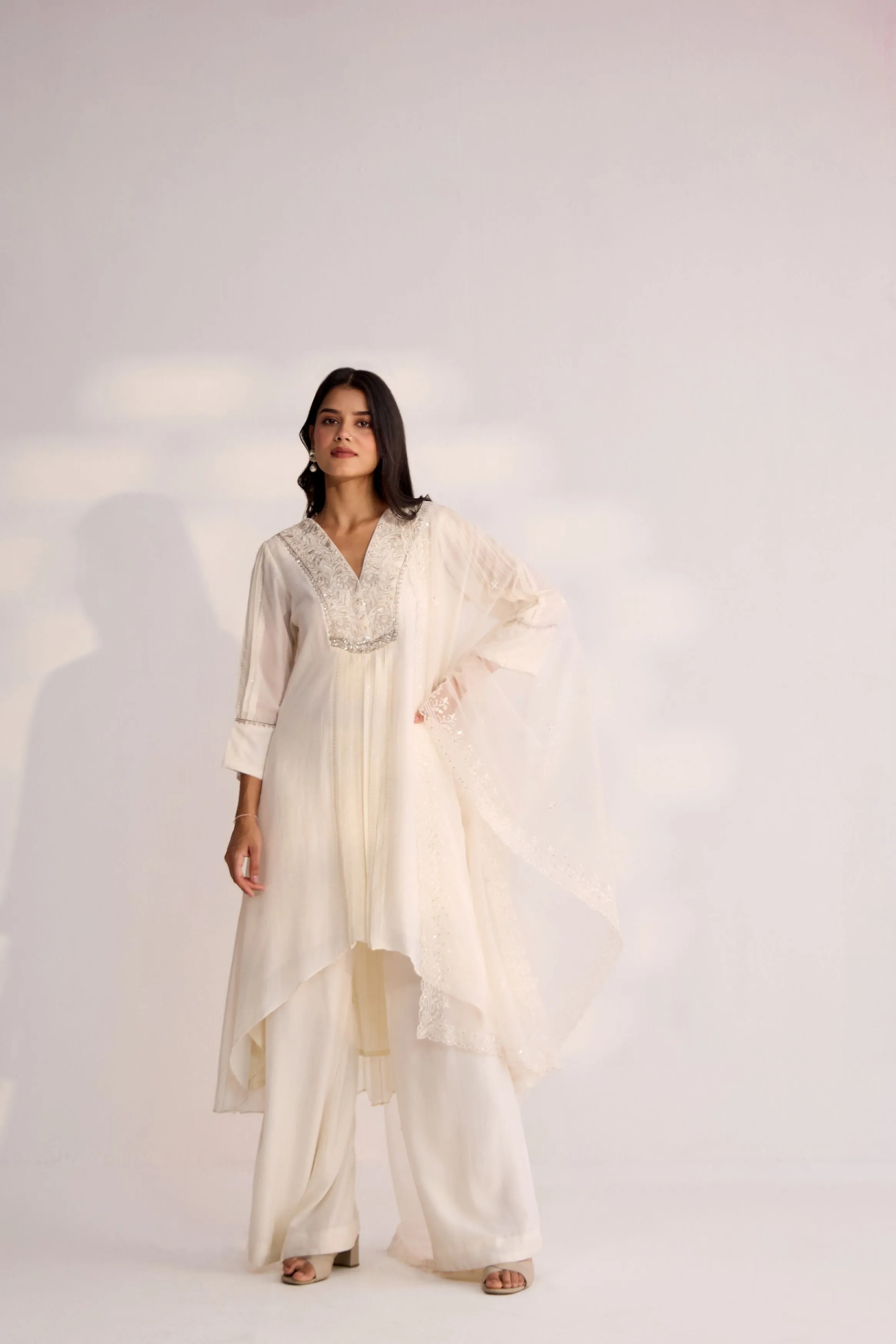 White Embellished Premium Silk Kurta palazzo Set