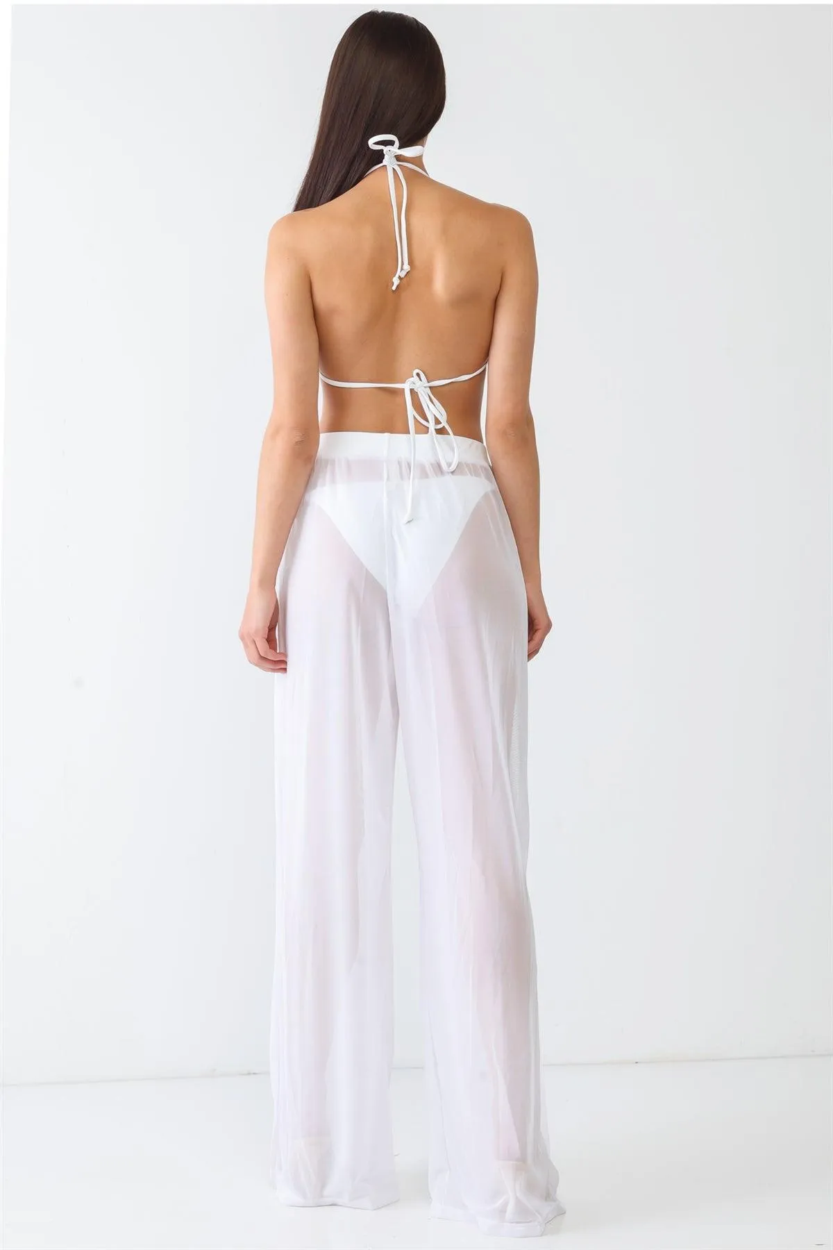 White Mesh Sheer Ruched High Waist Flow Elastic Waist Wide Leg Beach Swimwear Cover Up Pants