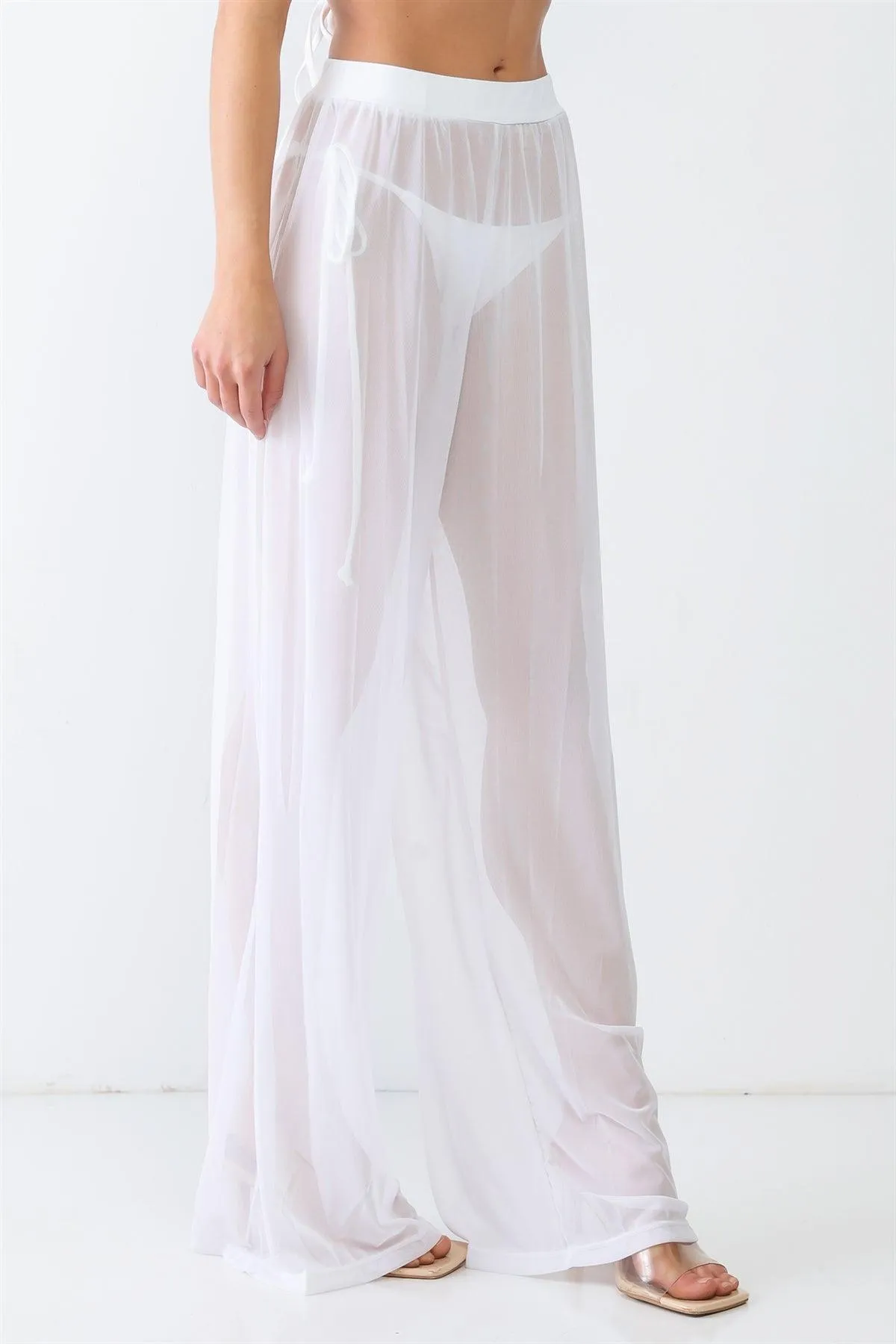 White Mesh Sheer Ruched High Waist Flow Elastic Waist Wide Leg Beach Swimwear Cover Up Pants