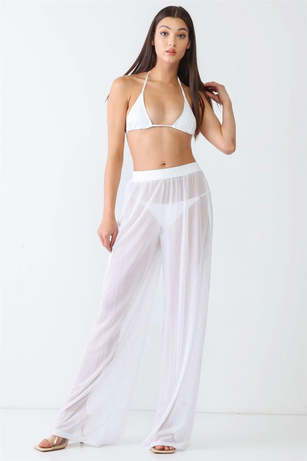 White Mesh Sheer Ruched High Waist Flow Elastic Waist Wide Leg Beach Swimwear Cover Up Pants