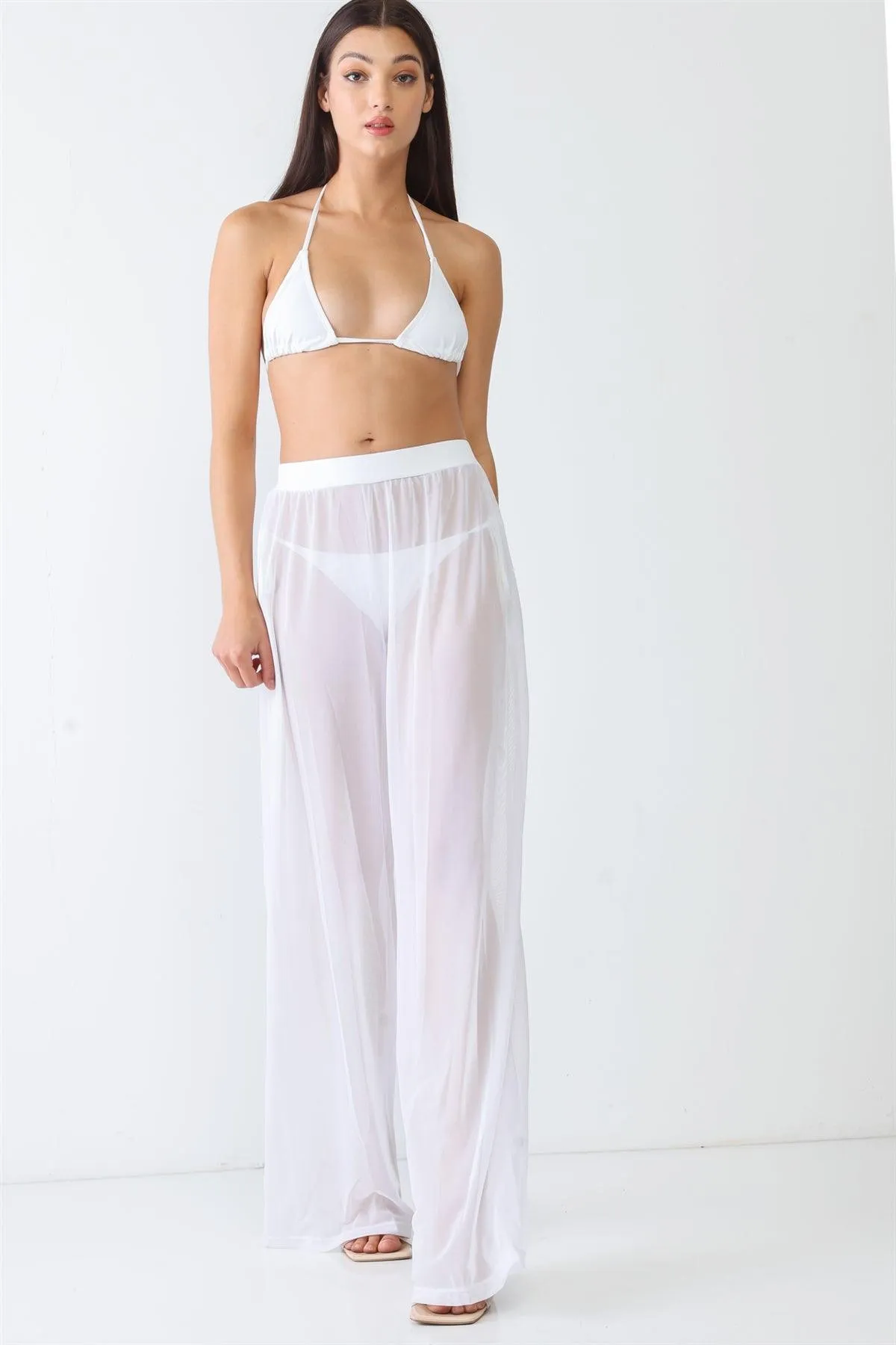 White Mesh Sheer Ruched High Waist Flow Elastic Waist Wide Leg Beach Swimwear Cover Up Pants