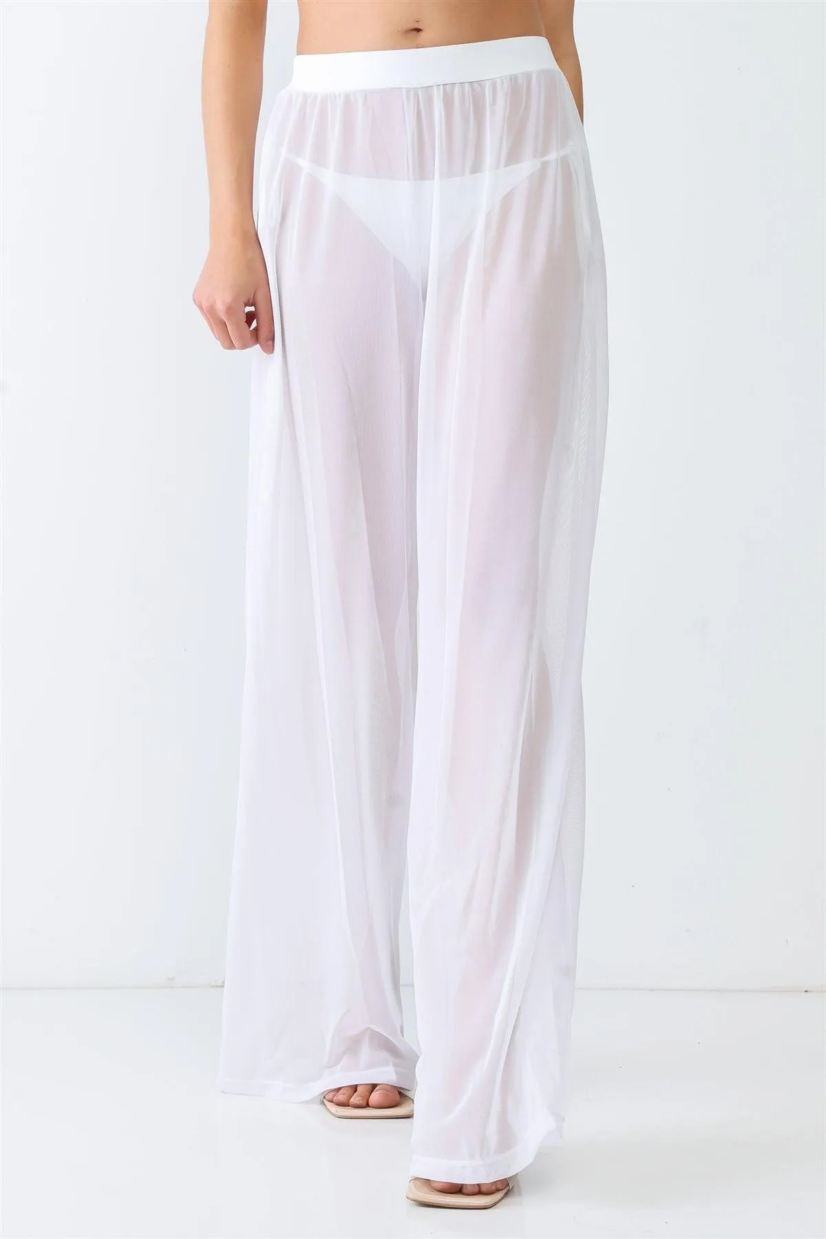 White Mesh Sheer Ruched High Waist Flow Elastic Waist Wide Leg Beach Swimwear Cover Up Pants