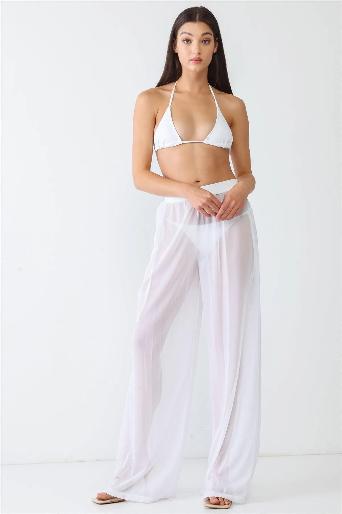 White Mesh Sheer Ruched High Waist Flow Elastic Waist Wide Leg Beach Swimwear Cover Up Pants