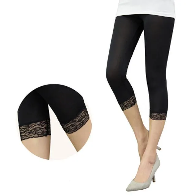 Women Elastic Lace Leggings Summer thin three quarter Pants bodycon jeggings big size Cropped Short Trousers Black White