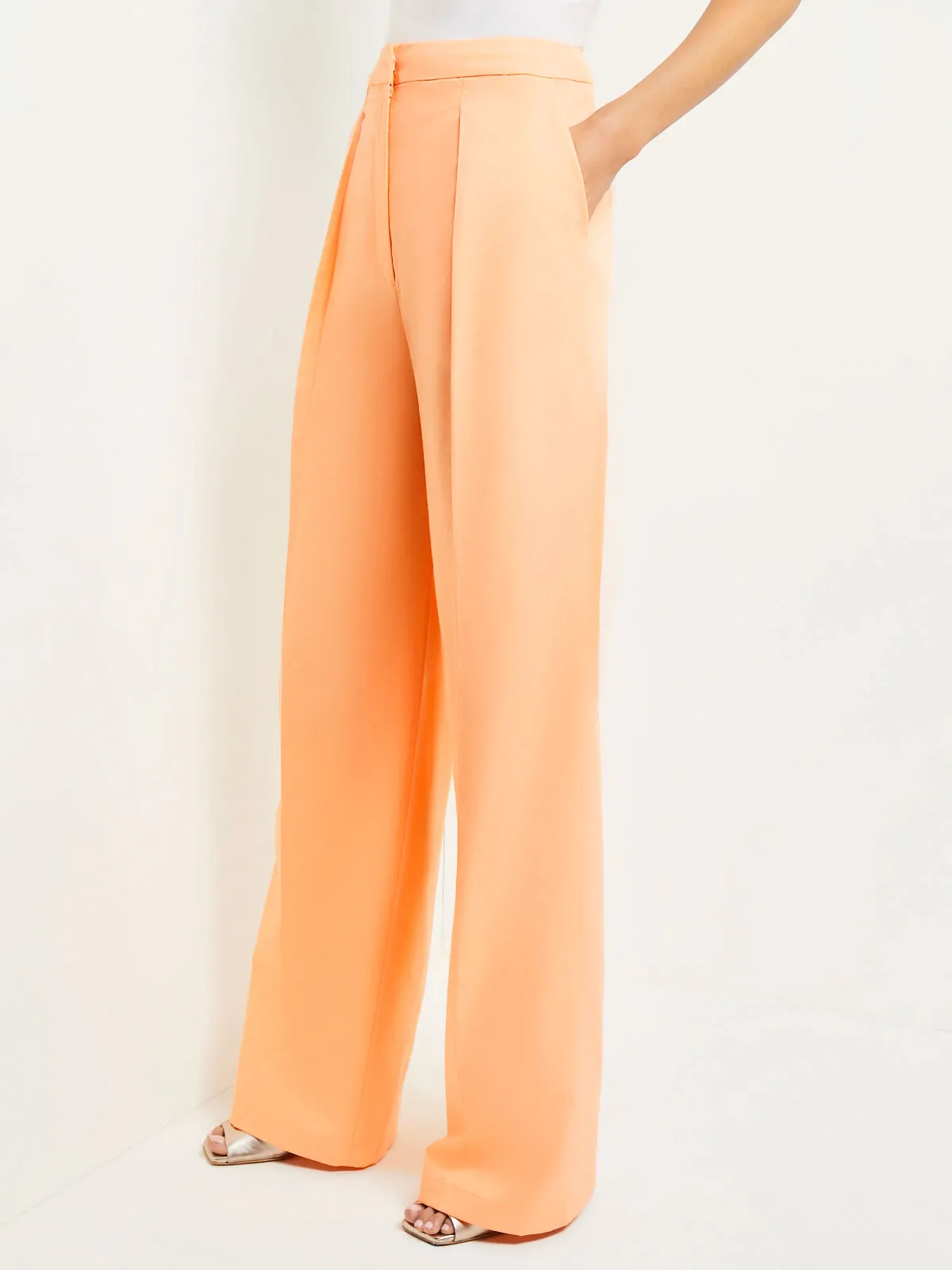 Zipper Fly Wide Leg Pants - Faux Cupro Silk